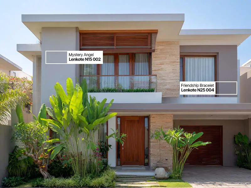 Rumah dengan cat eksterior warna sandstone taupe yang hangat dan natural