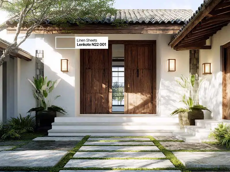 Rumah dengan cat eksterior warna sandstone taupe yang hangat dan natural